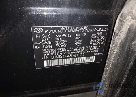 2020 Hyundai Santa Fe Sel 2.0T из США, поврежденный, VIN 5NMS33AA8LH231385